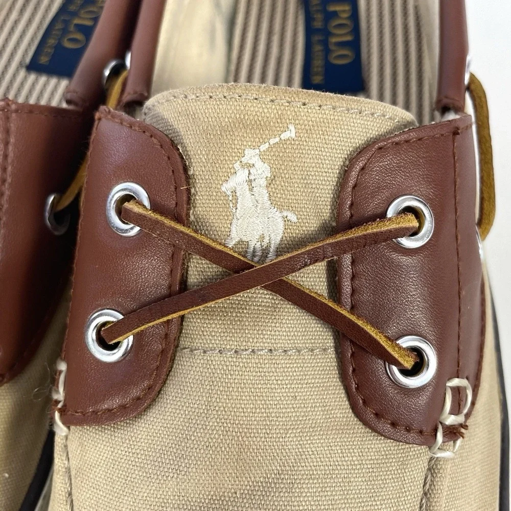 Polo Ralph Lauren Rylander Boat Shoes Beige Canvas Leather Mens 12D